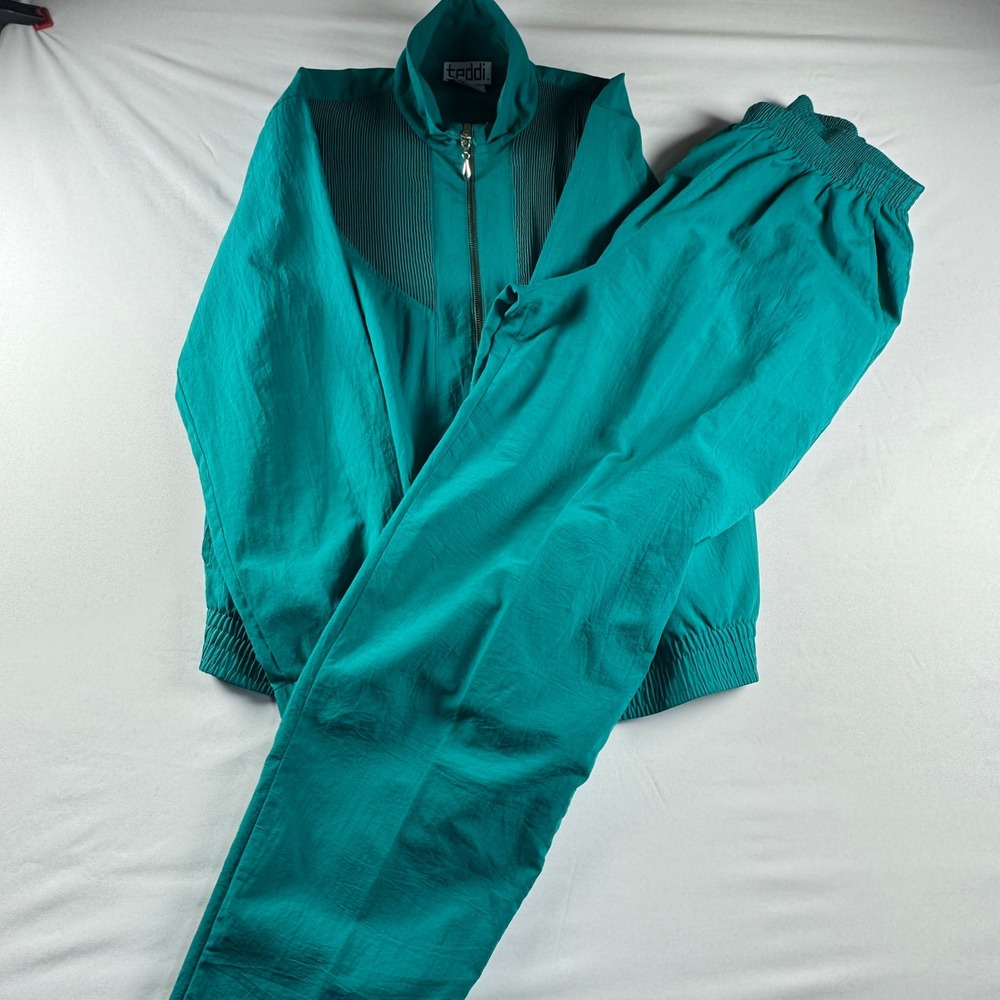 Vintage Teddi Tracksuit‎ Teal Green 2 Piece Set Pleated Jacket Pants Womens Med.
